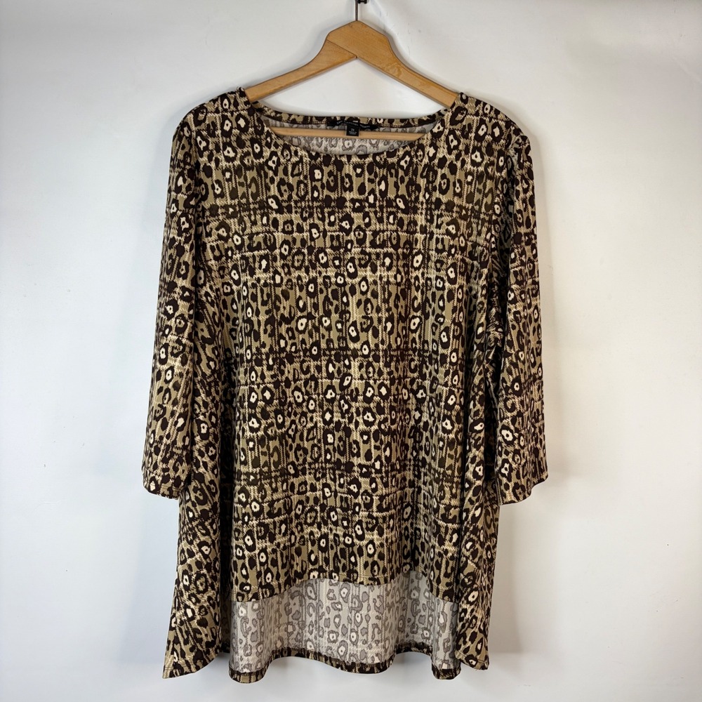 Zac & Rachel Tunic Top Women 2X Brown Leopard Print 3/4 Sleeve High-Low Hem